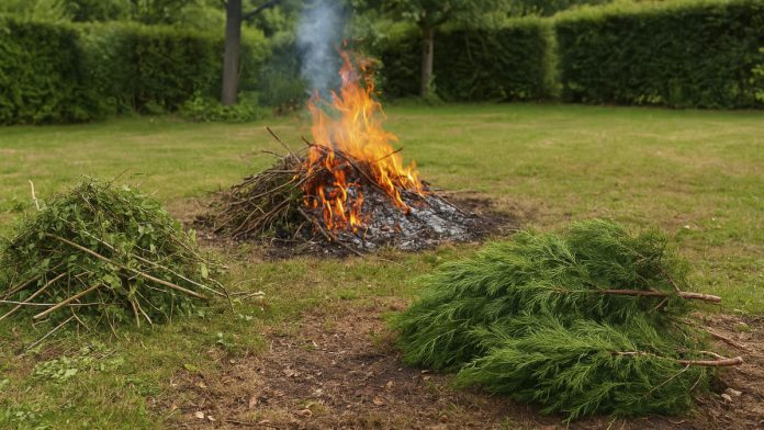 Feu de déchets verts dans un jardin en Tarn-et-Garonne, interdit pour prévenir les feux de végétation.
