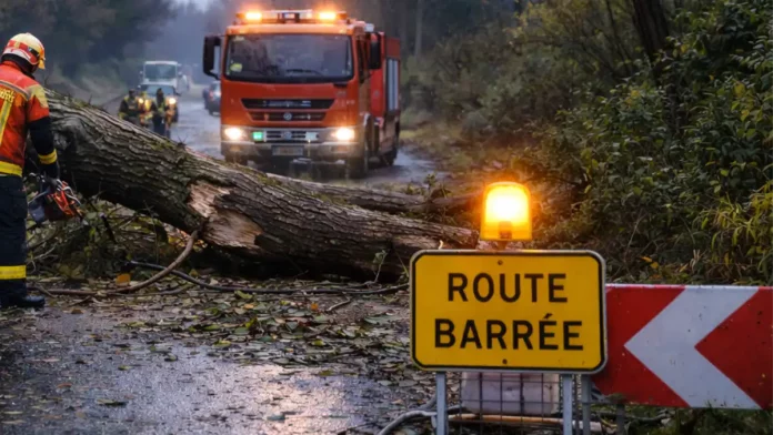 Arbre tombé sur une route en Tarn-et-Garonne après le passage de la tempête Nils en février 2026