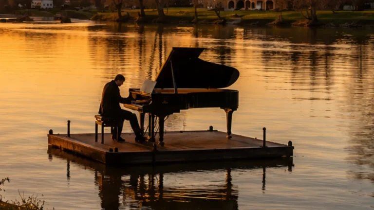 Un piano installé sur une embarcation naviguant sur le Tarn lors d'un concert à Moissac.