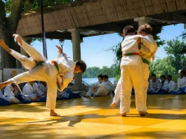 Moissac Judo conclut une saison riche en performances De jeunes judokas de Moissac réalisent une démonstration de projection sur le tatami lors de la cérémonie de fin de saison organisée à l'Uvarium.