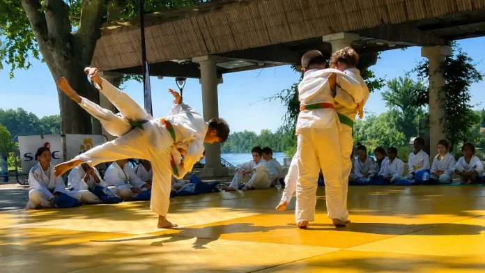 Démonstration de judo lors de la fin de saison de Moissac Judo De jeunes judokas de Moissac réalisent une démonstration de projection sur le tatami lors de la cérémonie de fin de saison organisée à l'Uvarium.