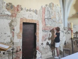 En restaurant l’église d’Espis, des bénévoles mettent au jour des peintures médiévales Sylvie Lemozy devant les peintures médiévales découvertes lors de la restauration de l'église d'Espis, près de Moissac.