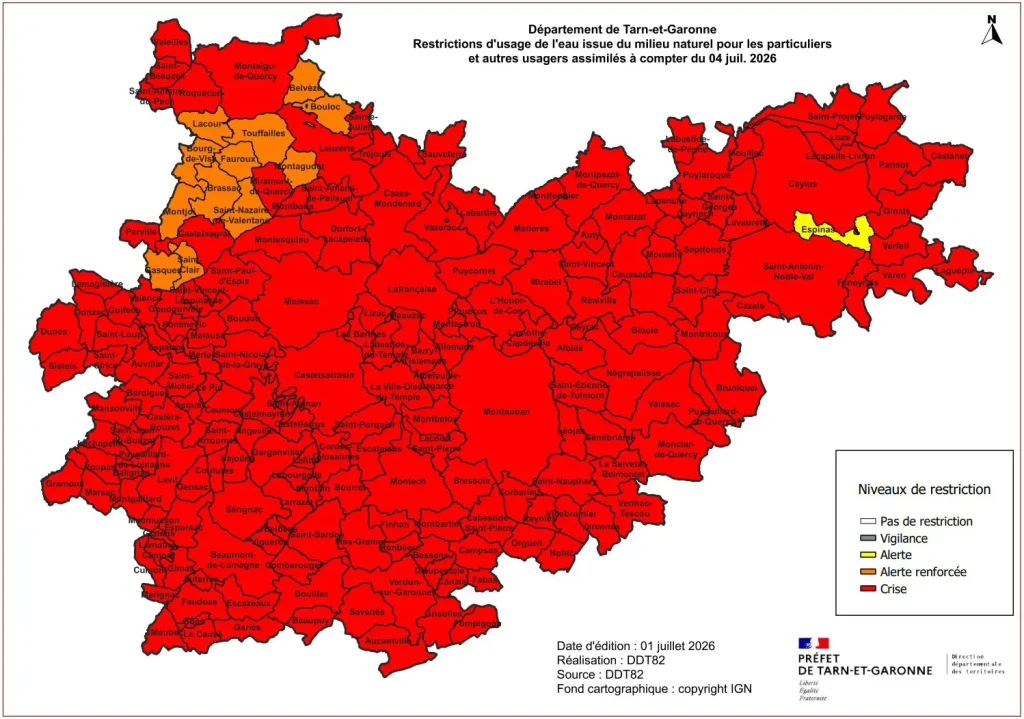 Sécheresse : de nouvelles restrictions d'eau entrent en vigueur samedi en Tarn-et-Garonne 1 restriction eau juillet 2026 tran et garonne 1