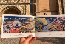 Il raconte le chemin de Compostelle en peinture : l’artiste chinois Lu Yongzhong en dédicace à Moissac Œuvre Wèn Lù de Lu Yongzhong représentant Moissac sur le chemin de Compostelle