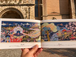 Il raconte le chemin de Compostelle en peinture : l’artiste chinois Lu Yongzhong en dédicace à Moissac Œuvre Wèn Lù de Lu Yongzhong représentant Moissac sur le chemin de Compostelle