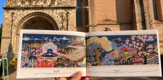 Il raconte le chemin de Compostelle en peinture : l’artiste chinois Lu Yongzhong en dédicace à Moissac Œuvre Wèn Lù de Lu Yongzhong représentant Moissac sur le chemin de Compostelle
