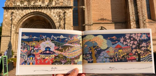Il raconte le chemin de Compostelle en peinture : l’artiste chinois Lu Yongzhong en dédicace à Moissac Œuvre Wèn Lù de Lu Yongzhong représentant Moissac sur le chemin de Compostelle