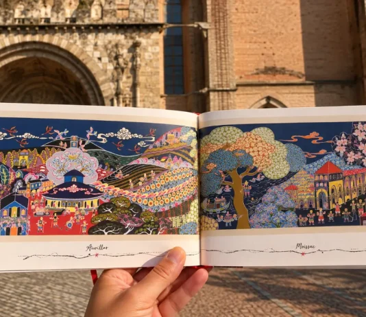 Il raconte le chemin de Compostelle en peinture : l’artiste chinois Lu Yongzhong en dédicace à Moissac Œuvre Wèn Lù de Lu Yongzhong représentant Moissac sur le chemin de Compostelle