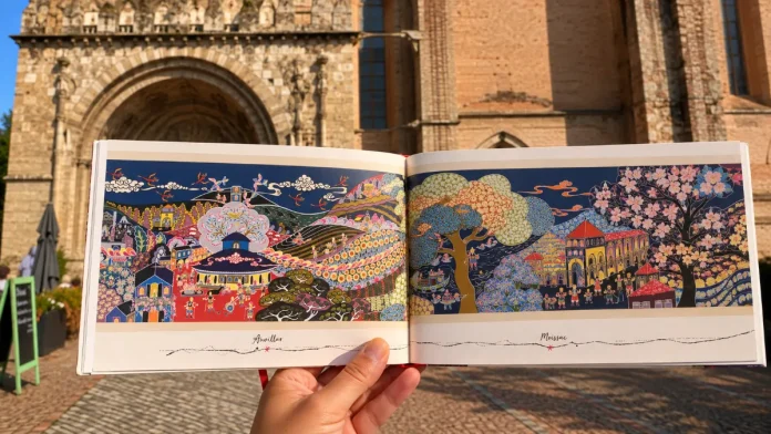 Œuvre Wèn Lù de Lu Yongzhong représentant Moissac sur le chemin de Compostelle